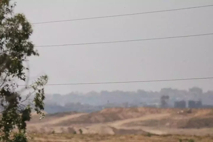 Blick über eine staubige Landschaft mit Bäumen im Vordergrund und einer fernen, verschwommenen Bebauung unter grauem Himmel.