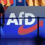 Silhouette einer Person vor einer Bühne mit großem AfD-Logo.