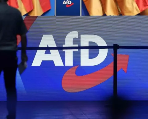 Silhouette einer Person vor einer Bühne mit großem AfD-Logo.