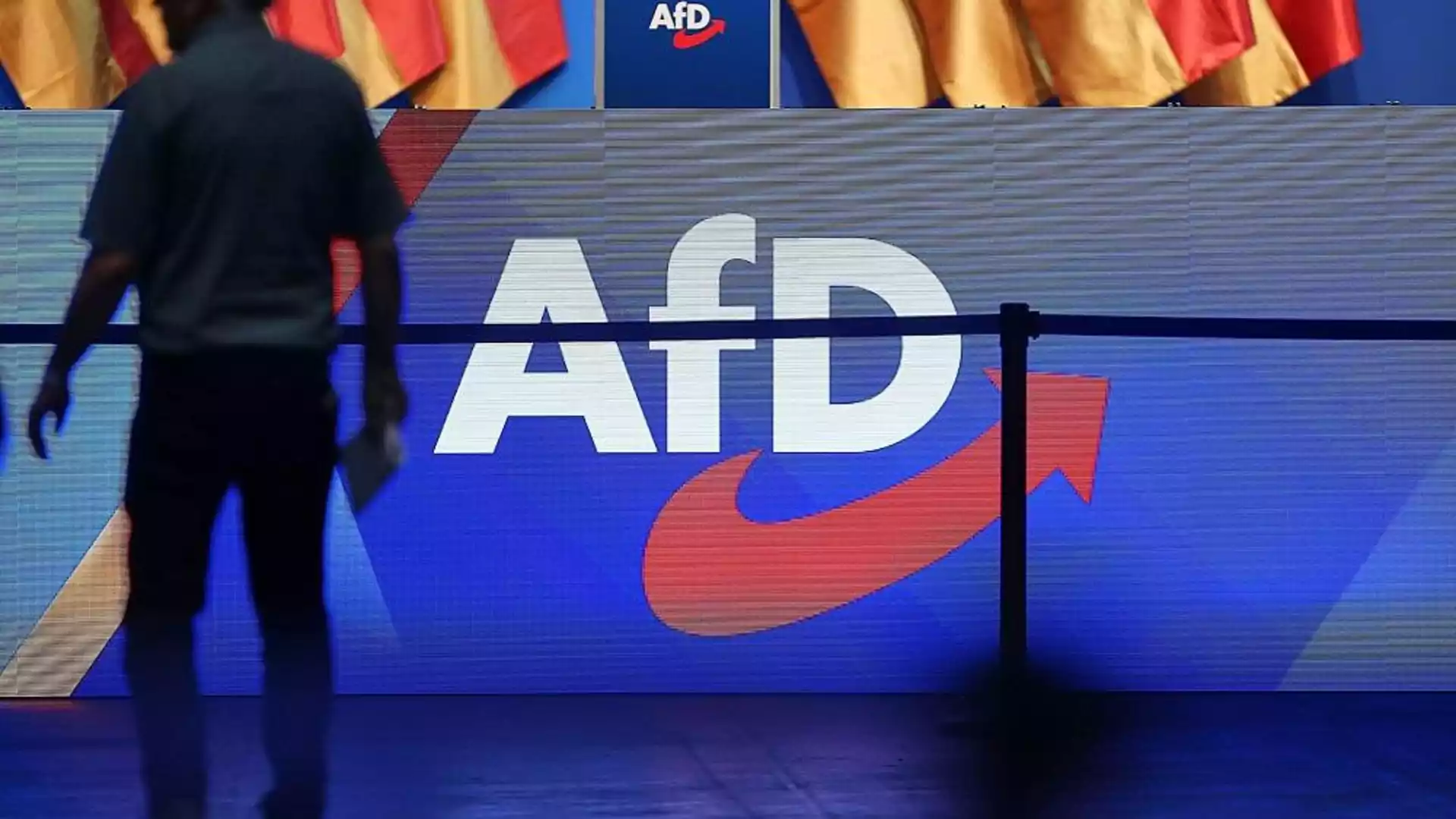 Trittin fordert Verbot von drei AfD-Landesverbänden 1 Silhouette einer Person vor einer Bühne mit großem AfD-Logo.