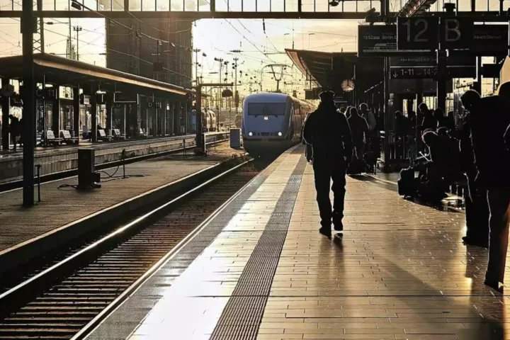 Ein Zug fährt bei tief stehender Sonne in einen Bahnhof ein, auf dem Bahnsteig warten Reisende im Gegenlicht.