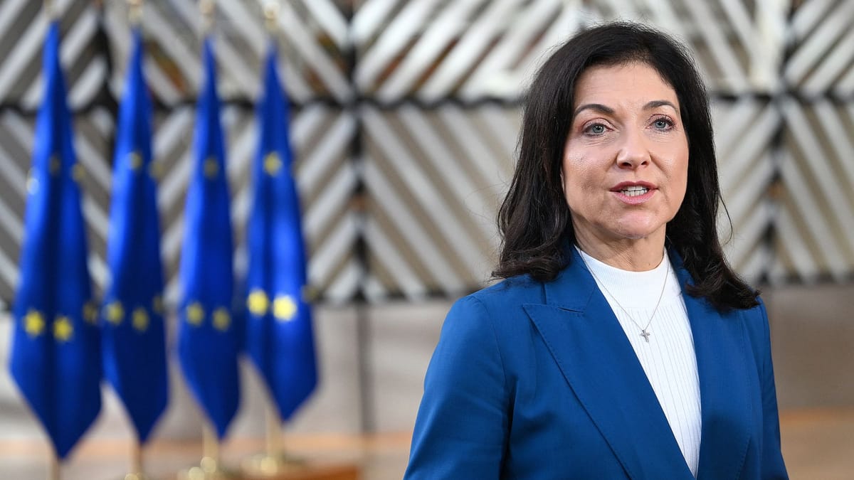 Katherina Reiche vor mehreren EU-Flaggen in einem Innenraum.