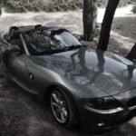 Eine Frau steht neben einem BMW-Cabrio im Freien zwischen Bäumen.