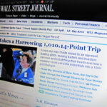 Foto einer Wall-Street-Journal-Webseite mit Börsenüberschrift und eingebettetem Bild eines Händlers am Handelsplatz.
