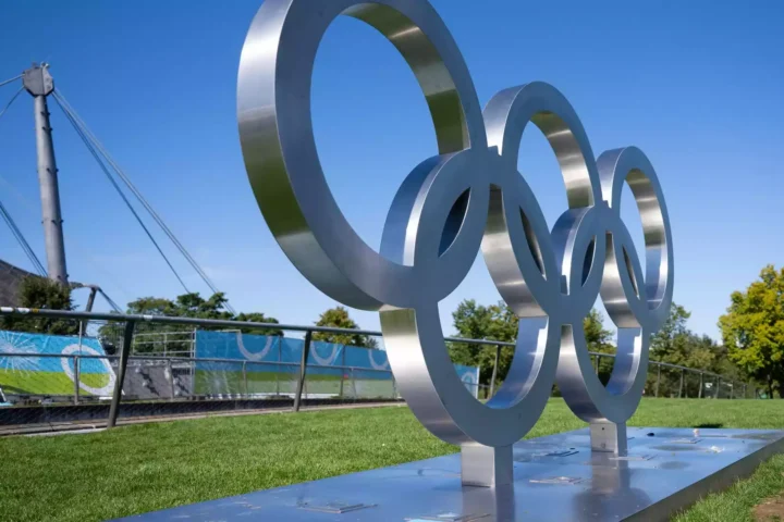 Metallskulptur der Olympischen Ringe auf einer grünen Wiese bei blauem Himmel.