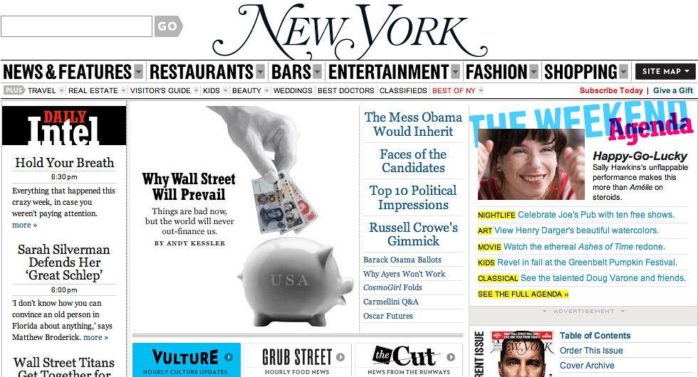 Screenshot der New-York-Website mit Rubrikenleiste und einem Wall-Street-Motiv mit Sparschwein und Geldschein.