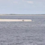 Blick auf eine kleine Sandbank in der Nordsee mit einigen Menschen im Wasser.