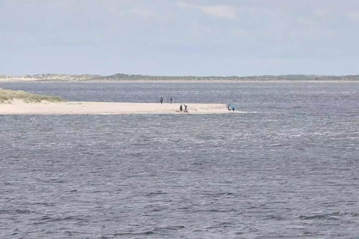 Blick auf eine kleine Sandbank in der Nordsee mit einigen Menschen im Wasser.