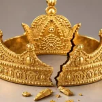 Zerbrochene goldene Krone auf neutralem Hintergrund.