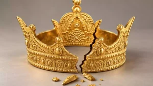 Zerbrochene goldene Krone auf neutralem Hintergrund.