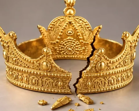 Zerbrochene goldene Krone auf neutralem Hintergrund.