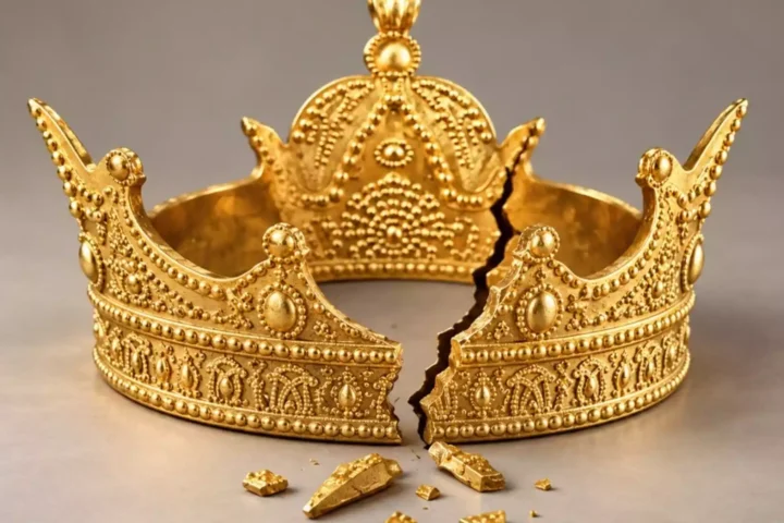 Zerbrochene goldene Krone auf neutralem Hintergrund.