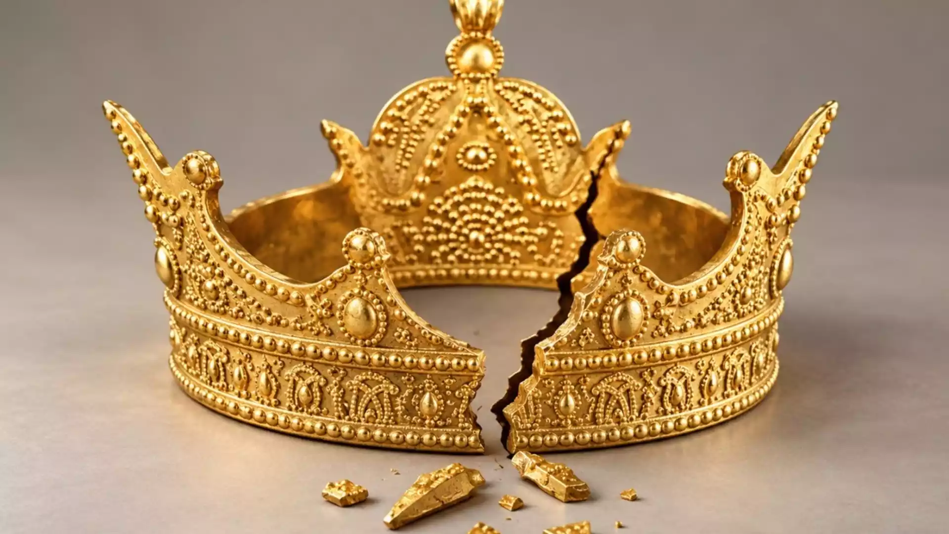 Zerbrochene goldene Krone auf neutralem Hintergrund.