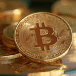 Goldene Bitcoin-Münzen liegen gestapelt auf einer reflektierenden Oberfläche.