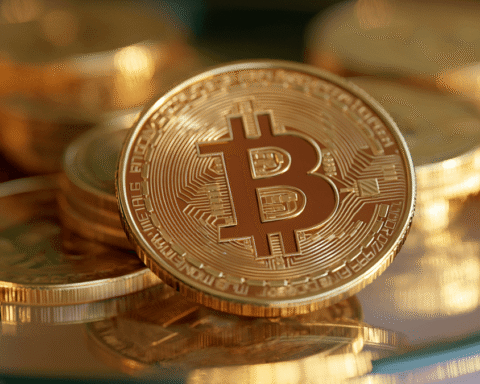 Goldene Bitcoin-Münzen liegen gestapelt auf einer reflektierenden Oberfläche.