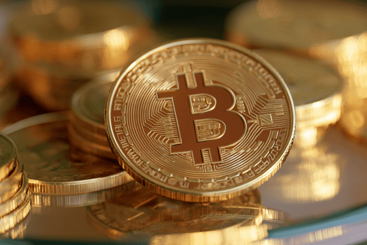 Goldene Bitcoin-Münzen liegen gestapelt auf einer reflektierenden Oberfläche.