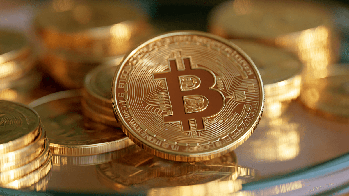 Bitcoin trotzt hohen US-Zinsen und zeigt Stärke im Oktober 1 Goldene Bitcoin-Münzen liegen gestapelt auf einer reflektierenden Oberfläche.