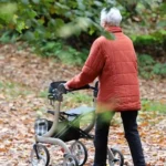 Ältere Frau schiebt einen Rollator auf einem mit Laub bedeckten Weg im Grünen.