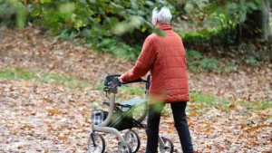 Ältere Frau schiebt einen Rollator auf einem mit Laub bedeckten Weg im Grünen.