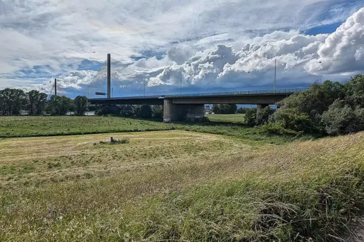 Autobahnbrücke über einer grünen Landschaft mit Wiesen und Wolkenhimmel.