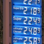 Beleuchtete Preistafel einer Tankstelle mit Benzin- und Dieselpreisen bei Nacht.
