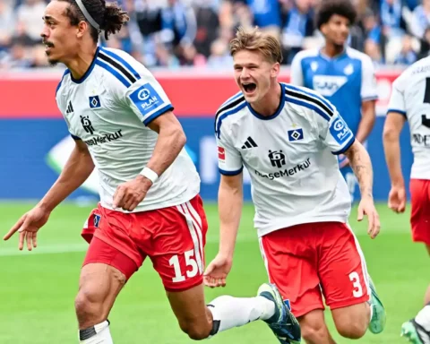 HSV-Spieler jubeln nach einer Szene im Fußballspiel auf dem Rasen.