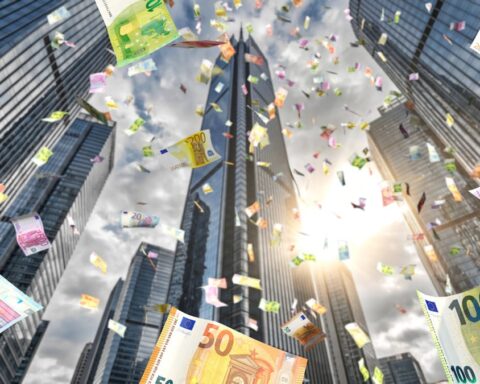 Euro-Banknoten schweben vor modernen Hochhäusern in einer Finanzszene.