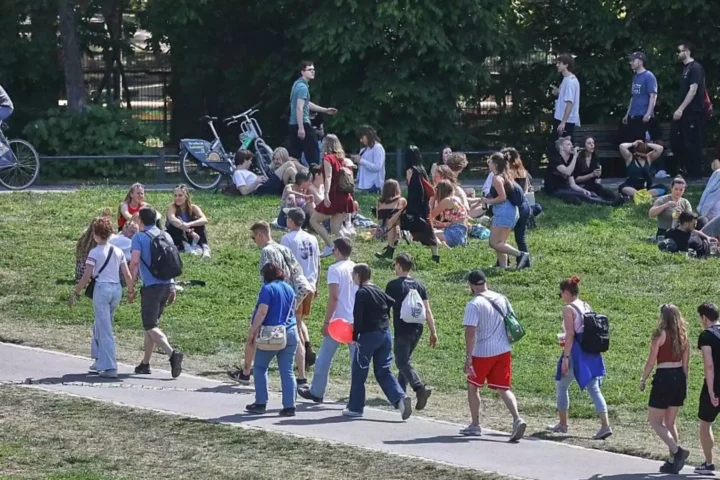 Junge Menschen sitzen und gehen auf einer Wiese in einem Park.