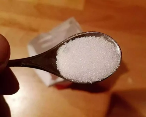 Nahaufnahme eines Löffels mit weißem Zucker in einer Hand.
