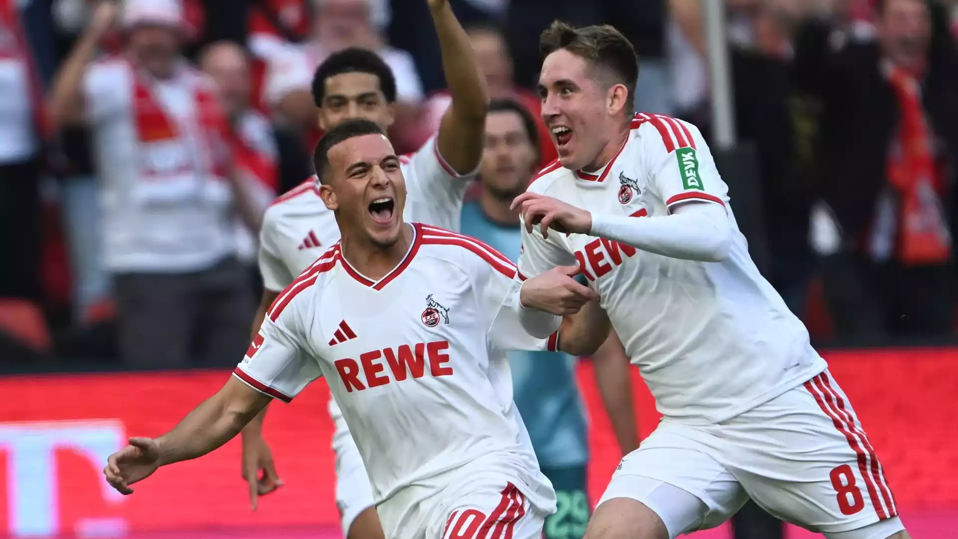 Köln gewinnt Rheinderby gegen Gladbach trotz Ausschreitungen und Skhiri-Verletzung 1 Spieler des 1. FC Köln jubeln nach einem Tor vor den Fans im Stadion.