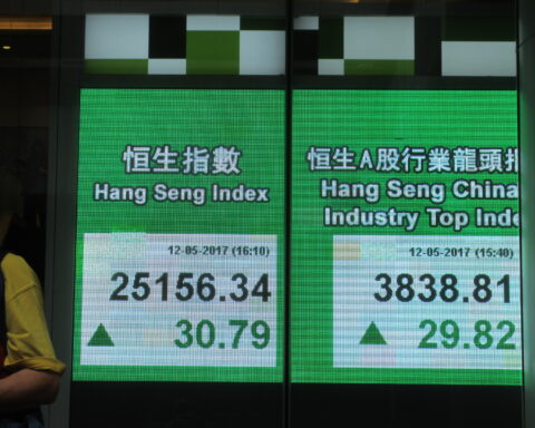 Elektronische Börsentafeln mit dem Hang-Seng-Index und dem Hang-Seng-China-Industry-Top-Index in Grün.