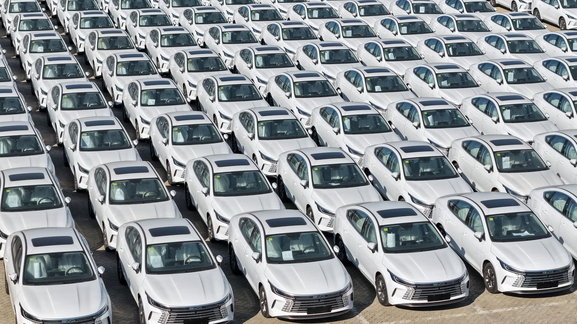 EU begrenzt Import chinesischer Plug-in-Hybride auf 350.000 Autos 1 Reihen dicht geparkter weißer BYD-Hybridautos auf einem Abstellplatz.