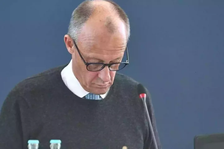 Friedrich Merz blickt bei einer politischen Sitzung nach unten, vor ihm steht ein Mikrofon.