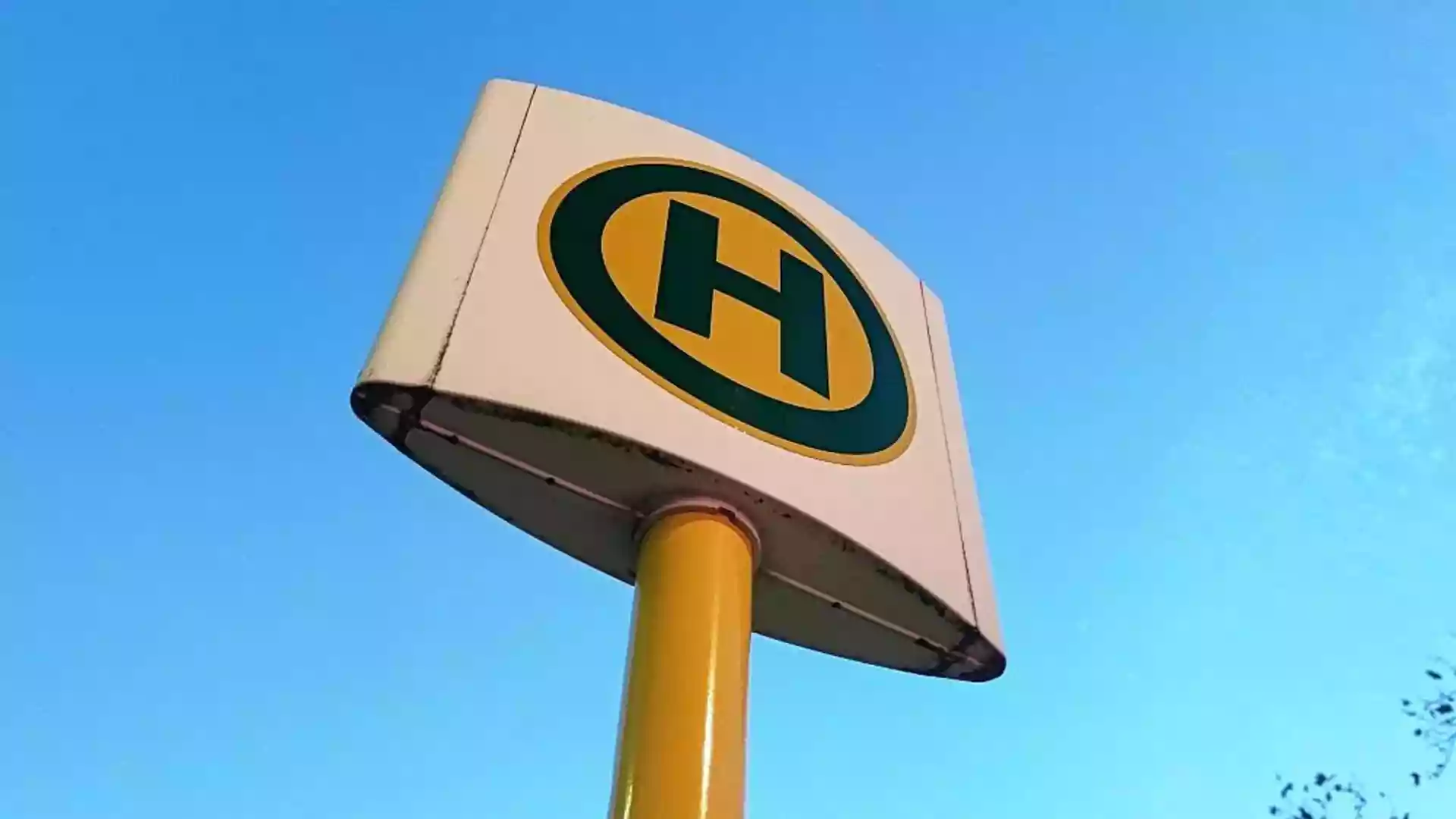 Die Linke kritisiert Kürzung der E-Bus-Förderung im Haushaltsentwurf 1 Nahaufnahme eines gelb-schwarzen Haltestellenschilds vor blauem Himmel.