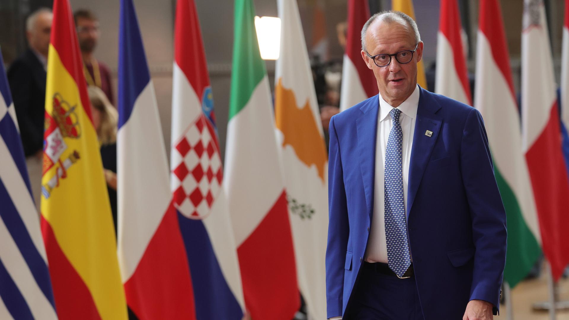 Merz fordert vor EU-Gipfel deutlich kleineren EU-Haushalt 1 Friedrich Merz steht vor mehreren EU-Flaggen bei einem Treffen.