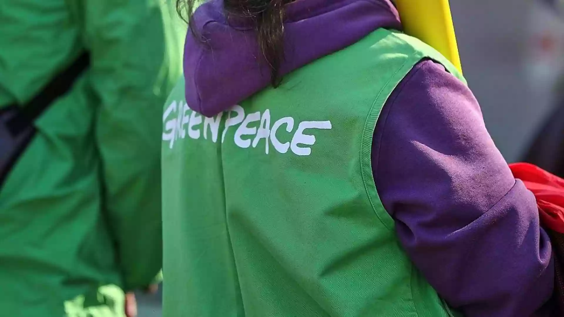 Greenpeace-Studie beziffert Krebsfolgen von Nitrat im Trinkwasser auf 75 Millionen Euro 1 Person mit grünem Greenpeace-Überwurf und violettem Kapuzenpullover von hinten.