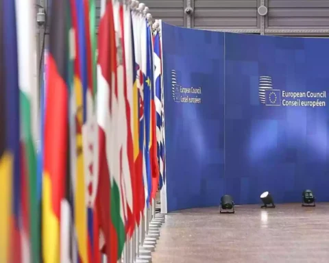 Reihe von EU- und Nationalflaggen vor einer blauen Wand mit der Aufschrift des Europäischen Rates.