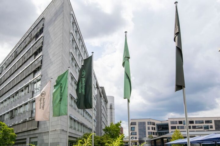 Gebäude von Boehringer Ingelheim mit mehreren Firmenfahnen vor bewölktem Himmel.